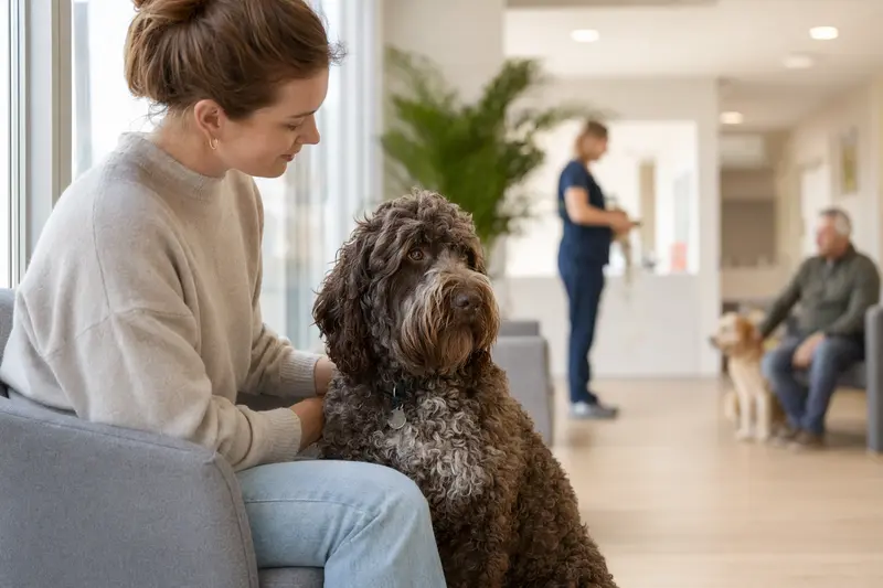 Französischer Wasserhund sitzt ruhig neben seinem Besitzer im hellen Wartezimmer einer modernen Tierarztpraxis.